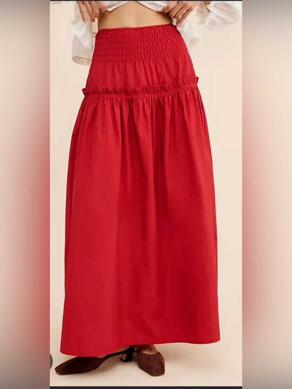 Anthropologie Mare Mare Smocked-Waist Maxi Skirt Sz L Red Dopamine Dressing